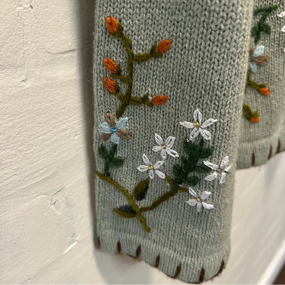 Vtg All Points Sage Green Floral Embroidered V Neck Cottagecore Sweater Sz L - Picture 5 of 7